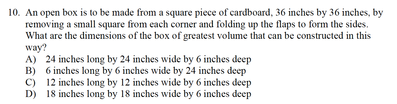 Solved 10. An open box is to be made from a square piece of | Chegg.com