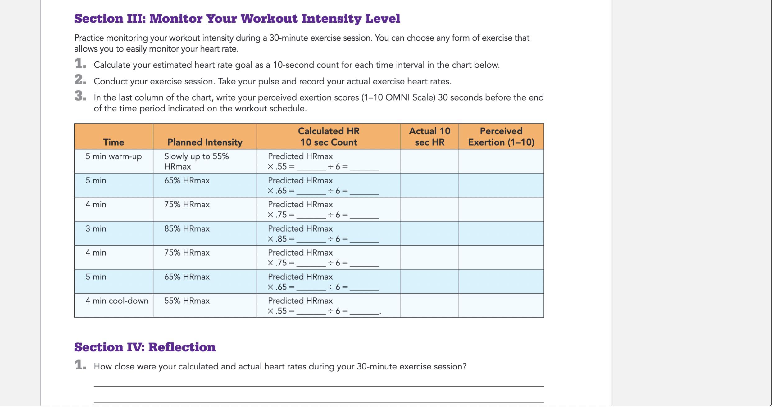 Solved \r\n\r\nSection III: Monitor Your Workout Intensity | Chegg.com