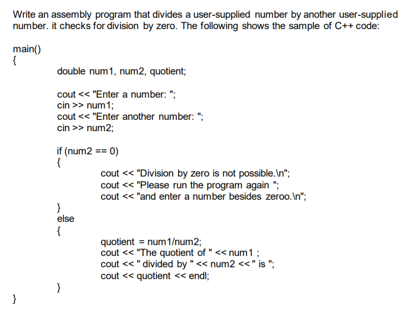 Solved Write an assembly program that divides a | Chegg.com