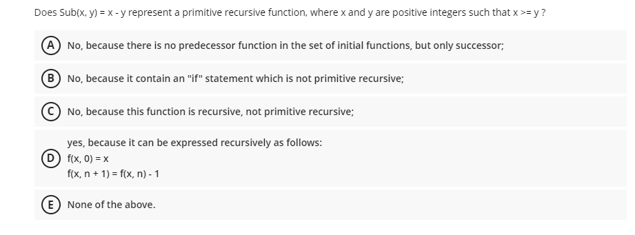 Solved Does Sub(x,y)=x−y represent a primitive recursive | Chegg.com