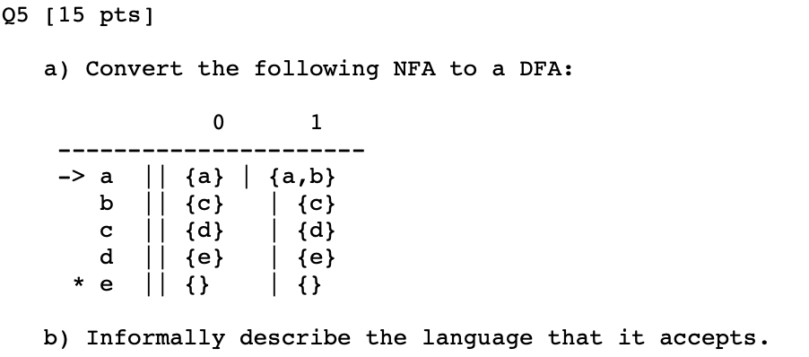 Q5 [15 pts] a) Convert the following NFA to a DFA: || {a} | {a,b} b || || {d} d || {e} || {} -> a {c} {d} | {e} | {} * e b) I