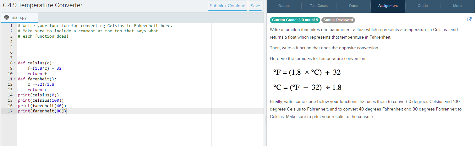 Solved 6.4.9 Temperature Converter Submit + Continue Save