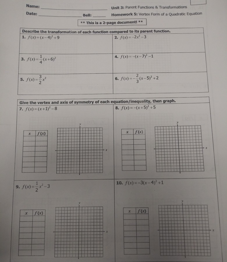 unit quadratic functions homework 1 answer key