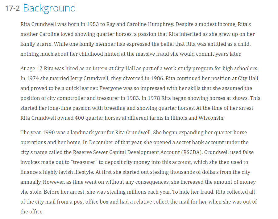 Solved 17-1 Introduction Rita Crundwell was the type of | Chegg.com