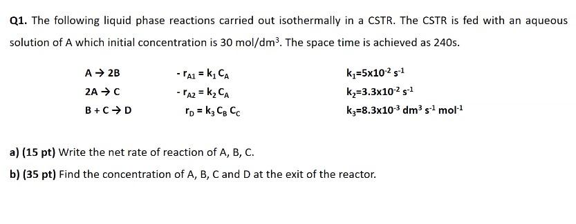 Solved Q1. The following liquid phase reactions carried out | Chegg.com