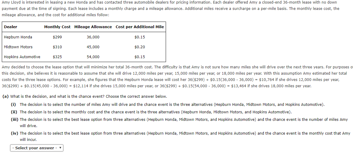 Solved Amy Lloyd is interested in leasing a new Honda and