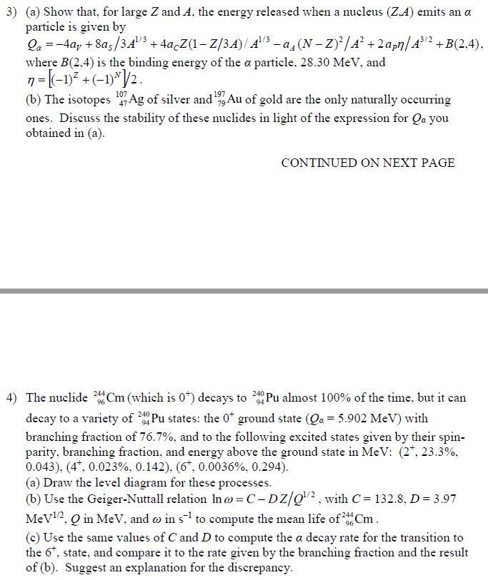 Solved a 3/2 3) (a) Show that, for large Z and A, the energy | Chegg.com