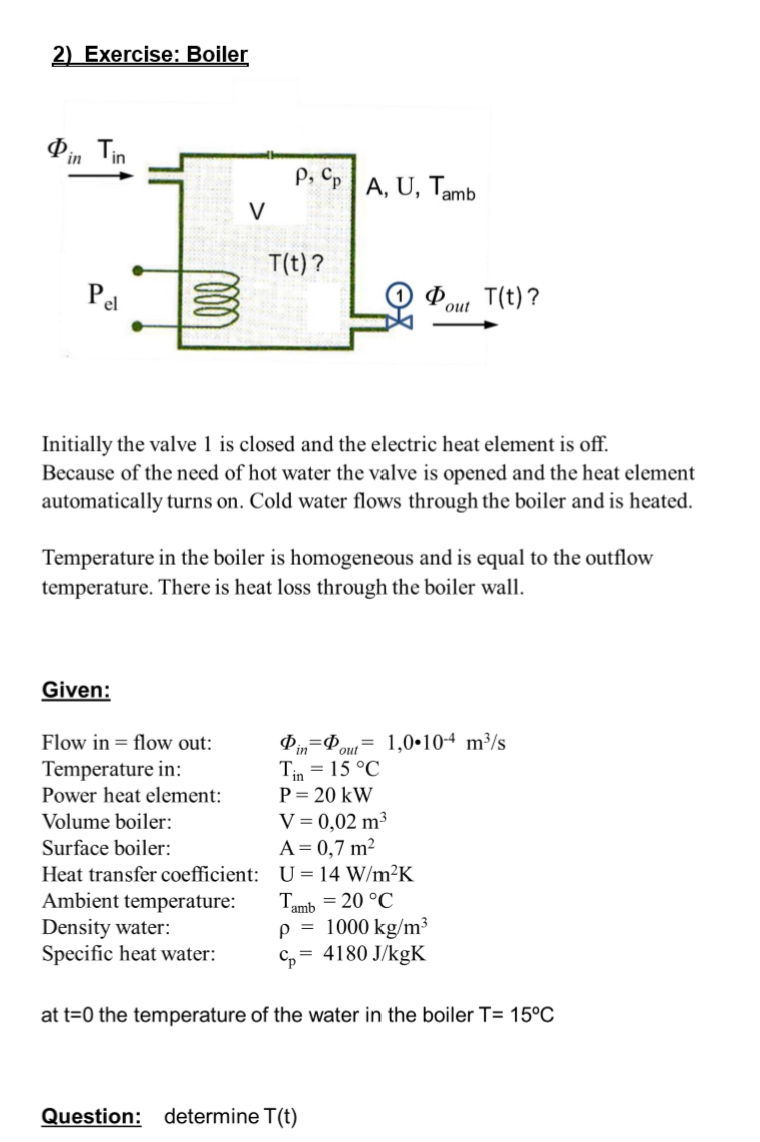 Solved 1) Exercise Heating water tank Т. amb р, Ср T(t) U h
