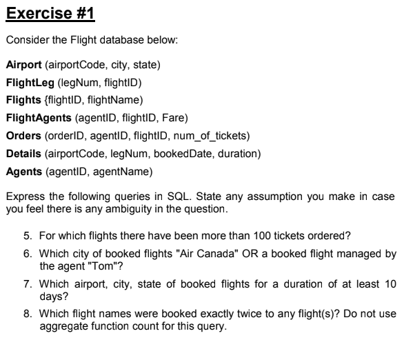 Solved Exercise #1 Consider The Flight Database Below: | Chegg.com