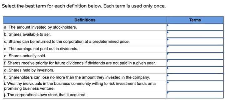 Select The Best Term For Each Definition Below Each Term Is Used Only Once