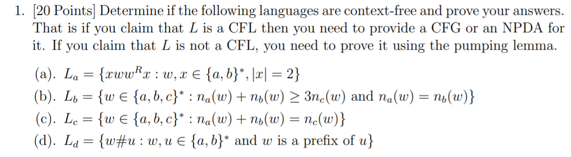 1. [20 Points] Determine If The Following Languages | Chegg.com