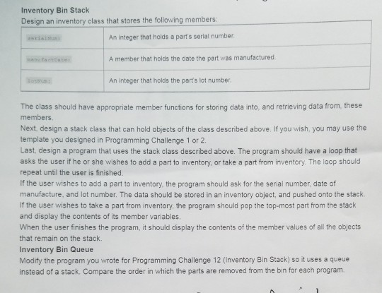 Solved Inventory Bin Stack Design an inventory class that | Chegg.com