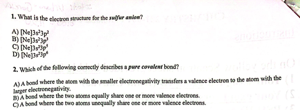 Solved 1. What is the electron structure for the sulfur | Chegg.com
