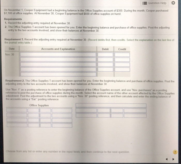 Solved Question Help * On November 1, Cooper Equipment had a