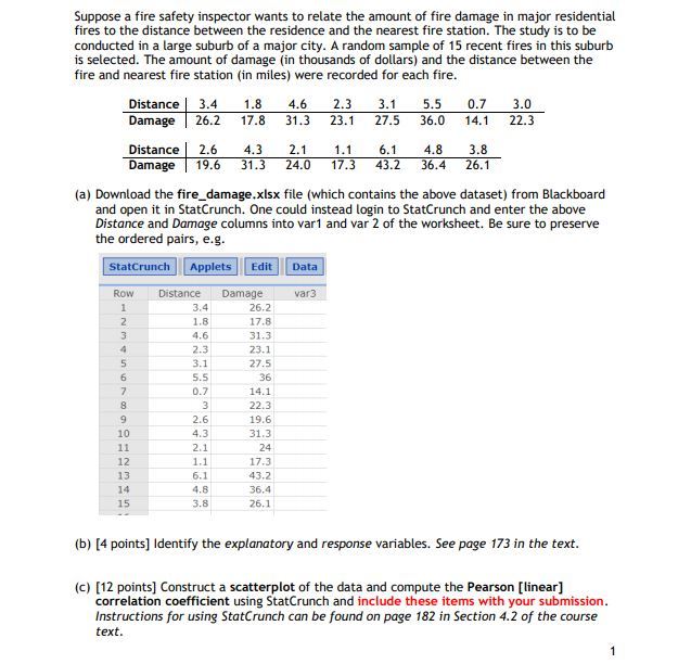 Suppose a fire safety inspector wants to relate the amount of fire damage in major residential fires to the distance between