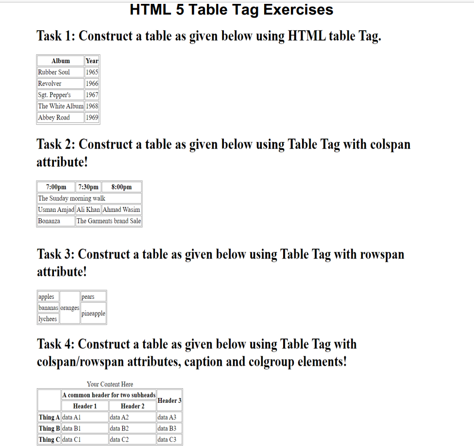 Solved HTML 5 Table Tag Exercises Task 1: Construct a table | Chegg.com