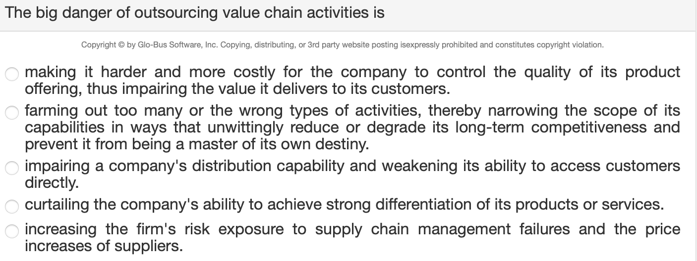 Solved The big danger of outsourcing value chain activities | Chegg.com