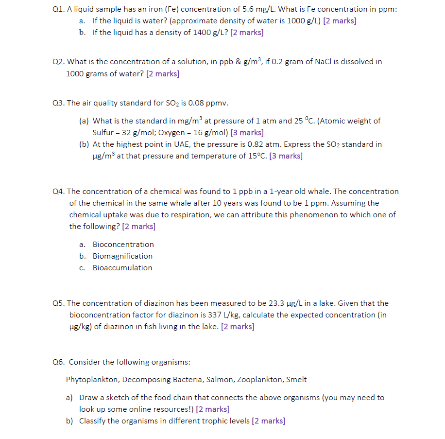 Solved Q1. A liquid sample has an iron (Fe) concentration of | Chegg.com