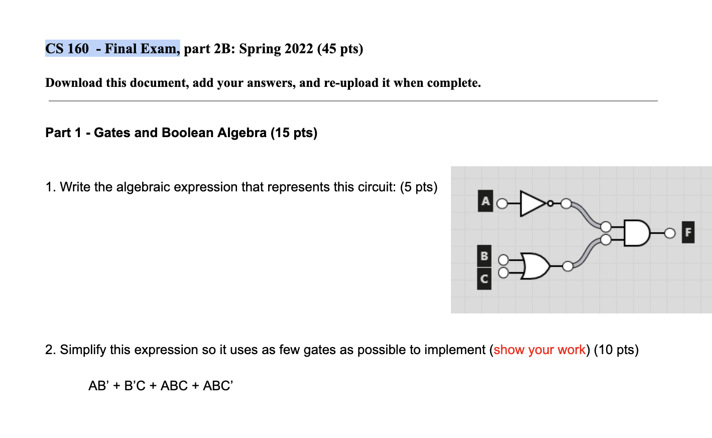 CS 160 - Final Exam, Part 2B: Spring 2022 (45 Pts) | Chegg.com