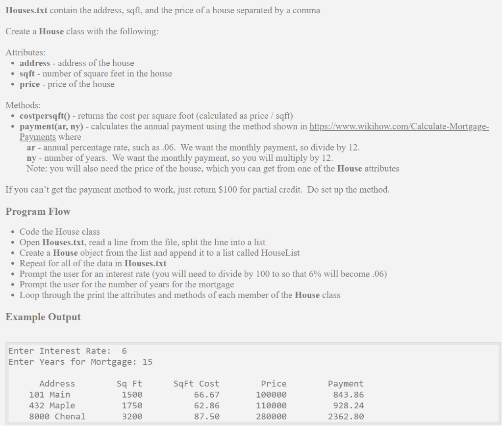 Solved Python - House Class Instructions in screenshot | Chegg.com