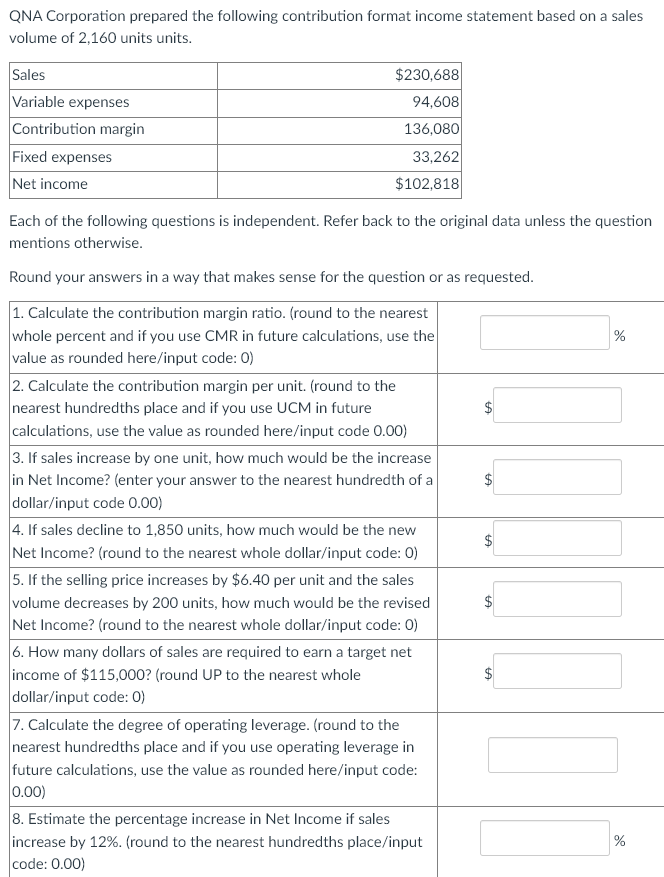 Solved QNA Corporation prepared the following contribution | Chegg.com