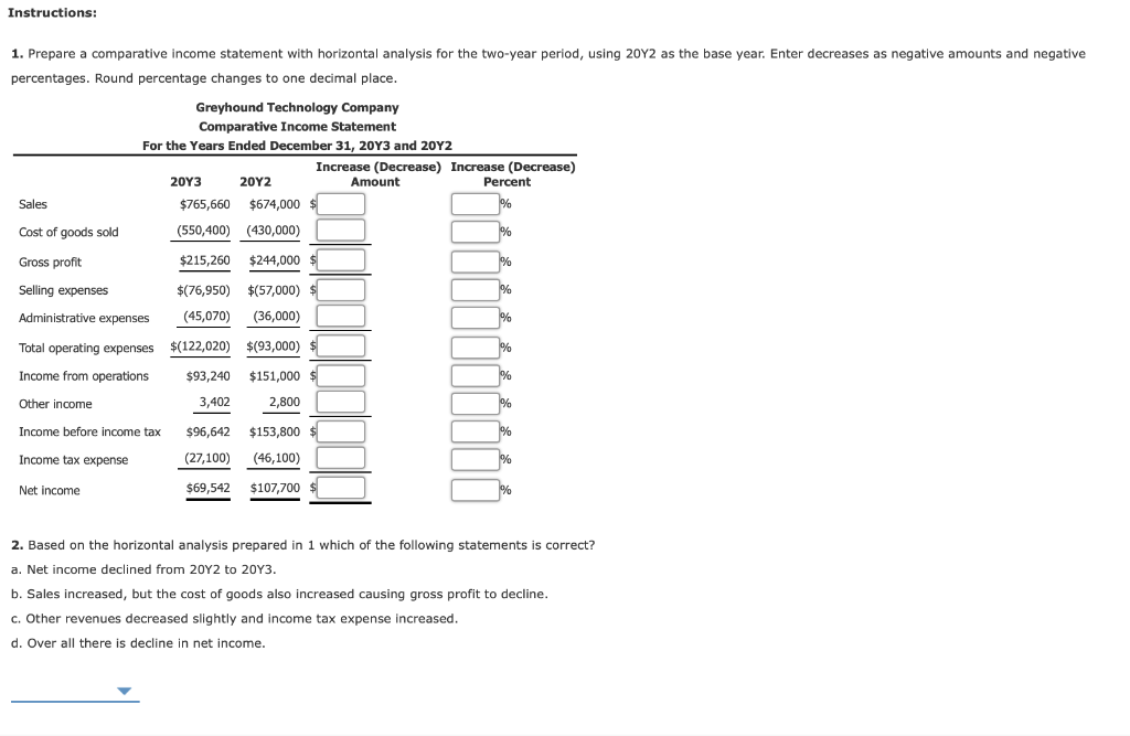 Solved Horizontal Analysis for Income Statement For 20Y3, | Chegg.com