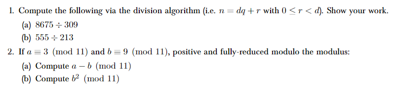 Solved 1. Compute the following via the division algorithm | Chegg.com