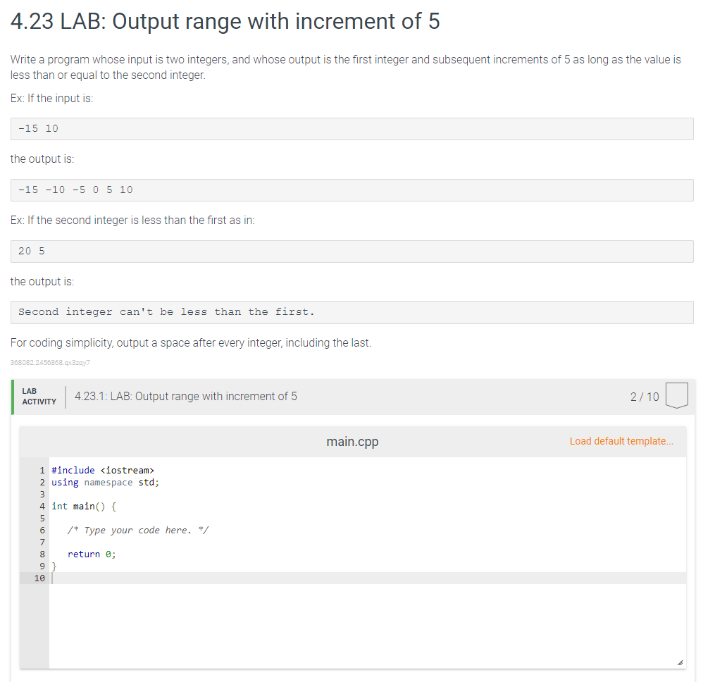 Solved 4.23 LAB: Output range with increment of 5 Write a | Chegg.com