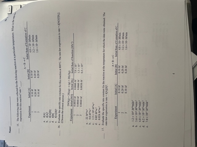 Solved Name: 15. The Following Data Were Collected For The | Chegg.com