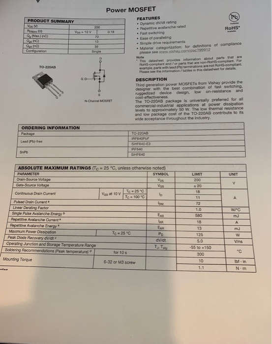 Solved Power MOSFET FEATURES . Dynamic dv/dt rating . | Chegg.com