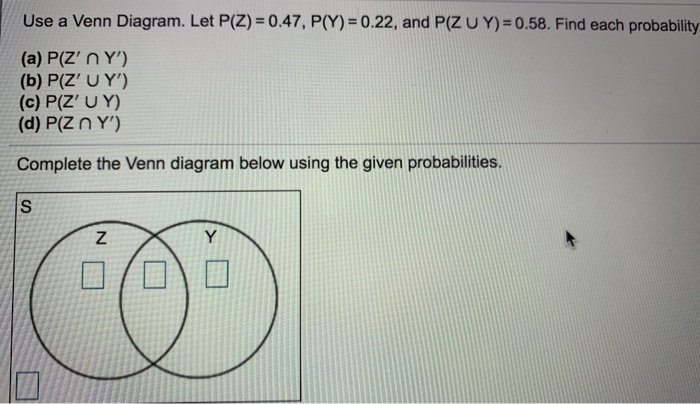 Solved Use A Venn Diagram Let P Z 0 47 P Y 0 22 And Chegg Com