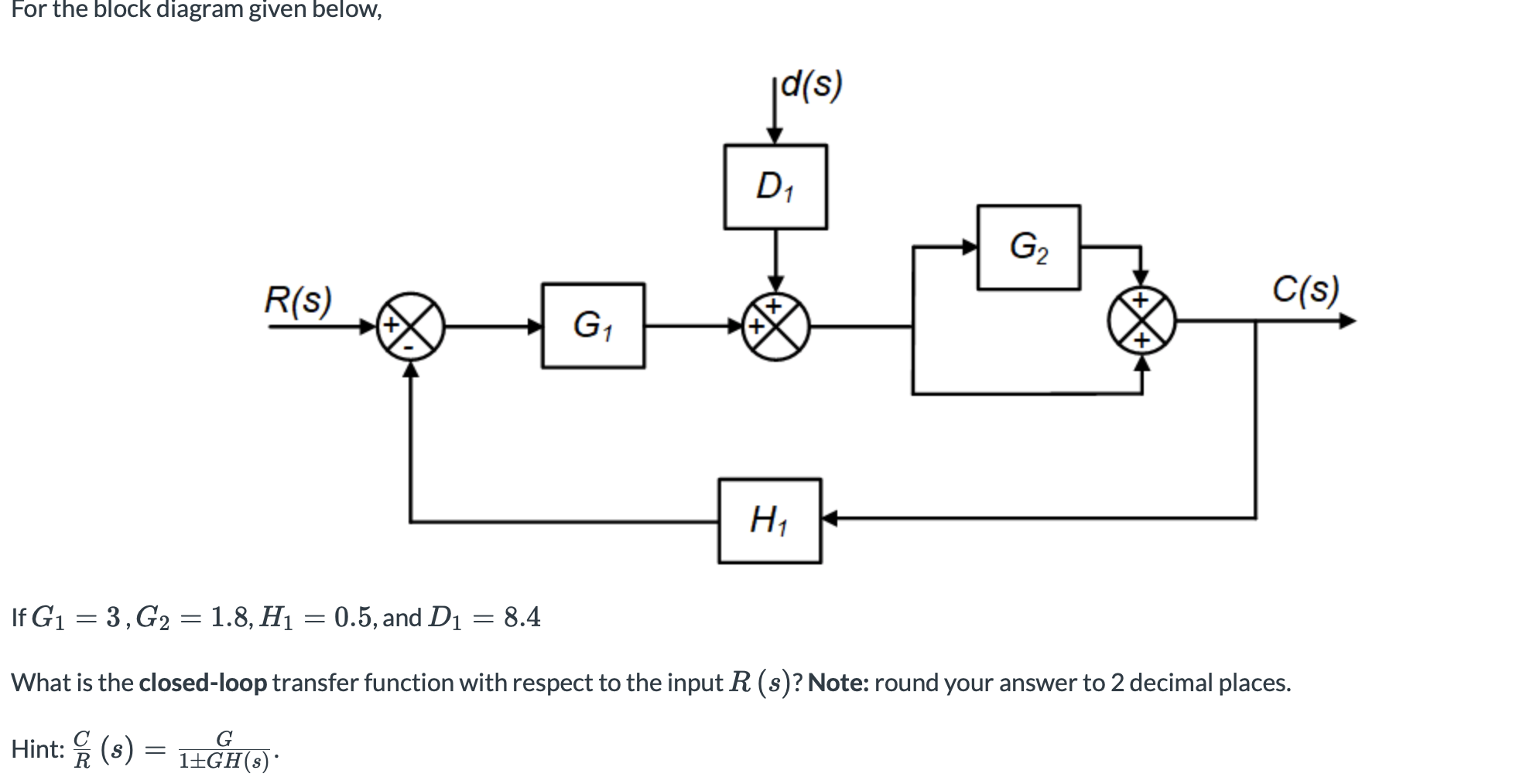 Solved For the block diagram given below, d(s) D1 G2 R(S) | Chegg.com