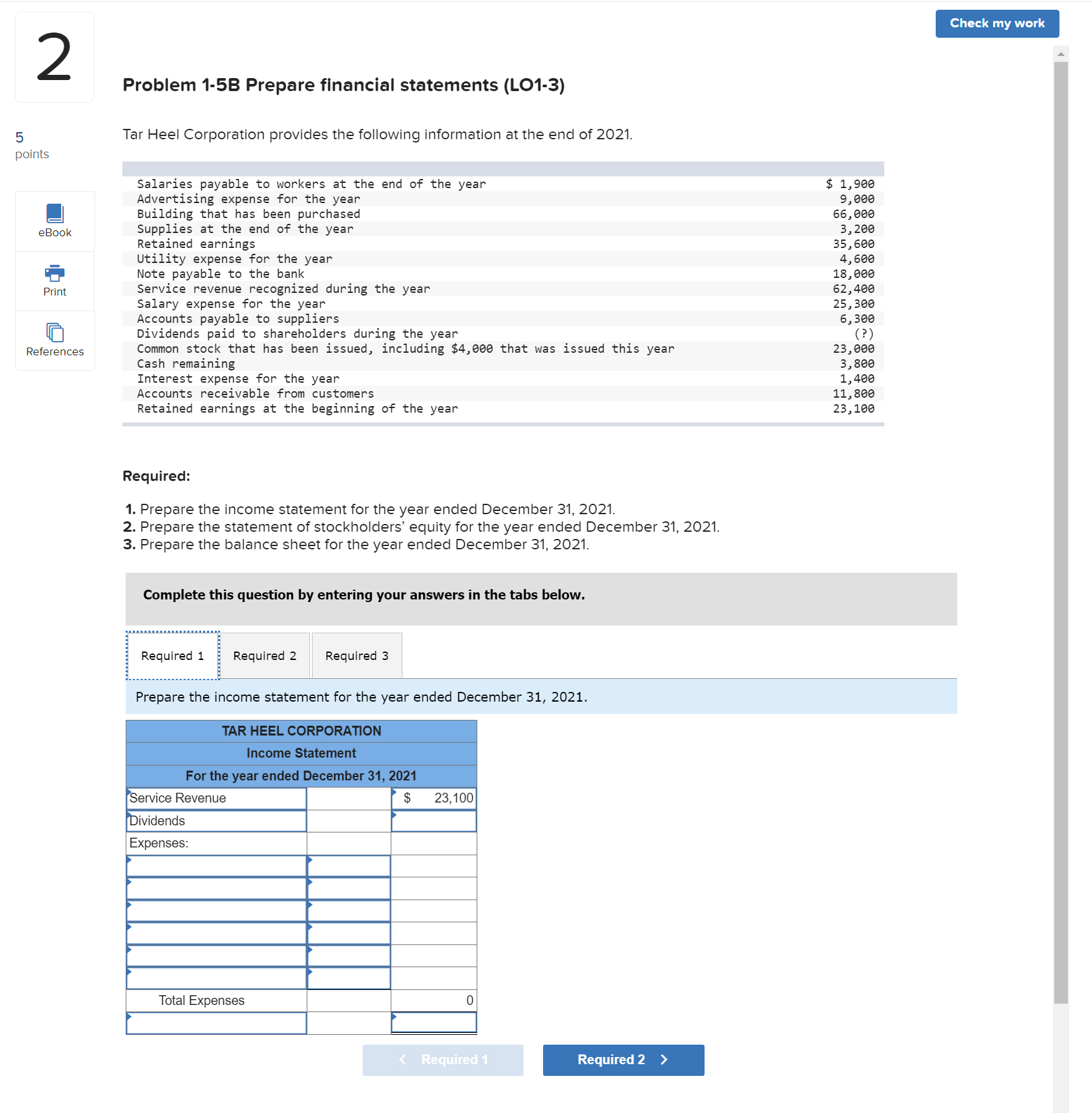 Solved Problem 1-5B Prepare financial statements (LO1-3) Tar | Chegg.com