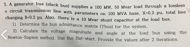 Solved 3. A generator bus (slack bus) supplies a 100 mW, 50 | Chegg.com