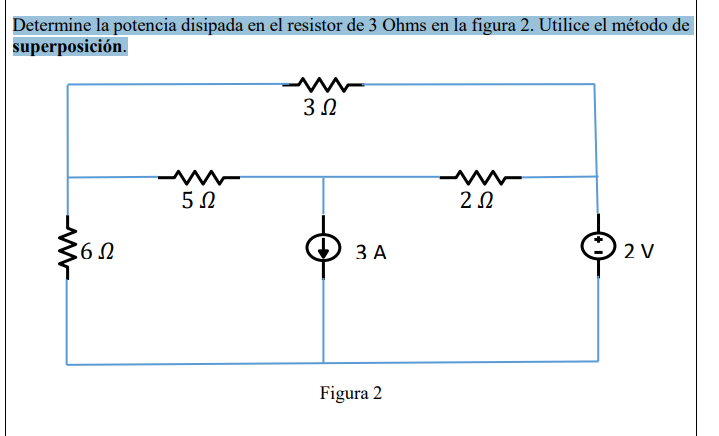 Determine la potencia disipada en el resistor de 3 Ohms en la figura 2. Utilice el método de superposición. 3 Ω 5 Ω 2 Ω -- 6