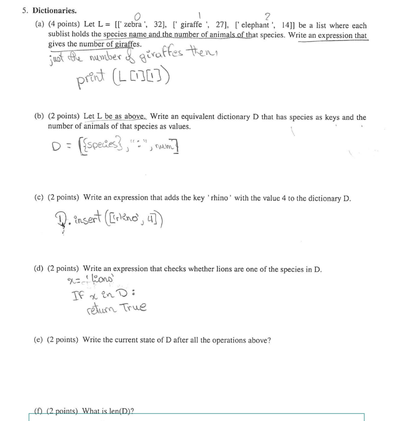 Solved 5. Dictionaries. (a) (4 Points) Let L = [[' Zebra ', | Chegg.com