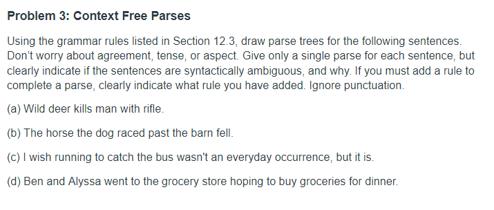 Problem 3: Context Free Parses Using the grammar | Chegg.com