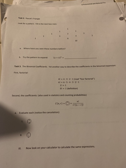 Solved Task 2. Pascal's Triangle Look for a pattern. Fill in | Chegg.com