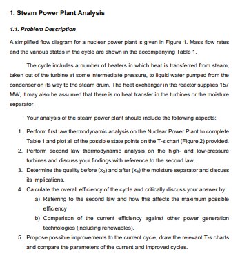 Solved 1. Steam Power Plant Analysis 1.1. Problem | Chegg.com