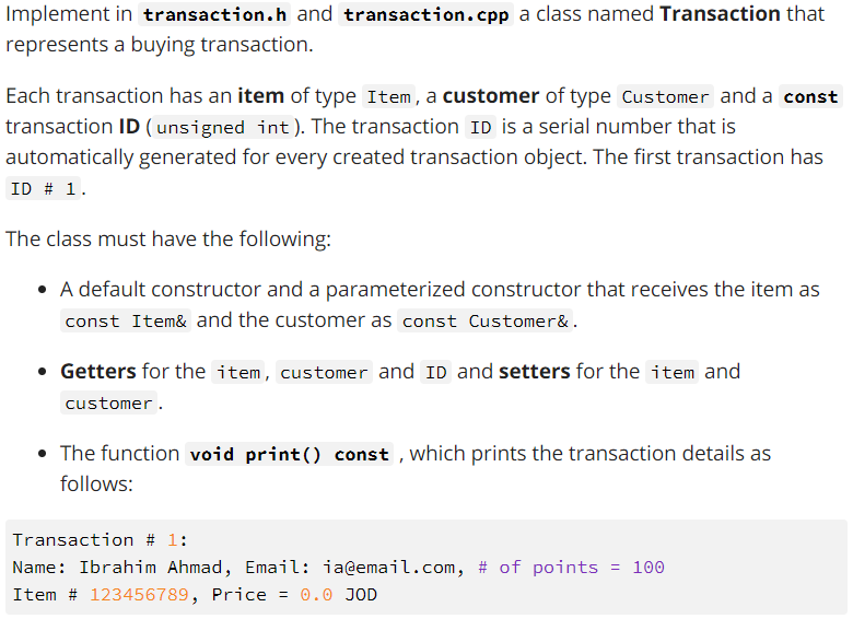Solved Implement in transaction.h and transaction.cpp a | Chegg.com