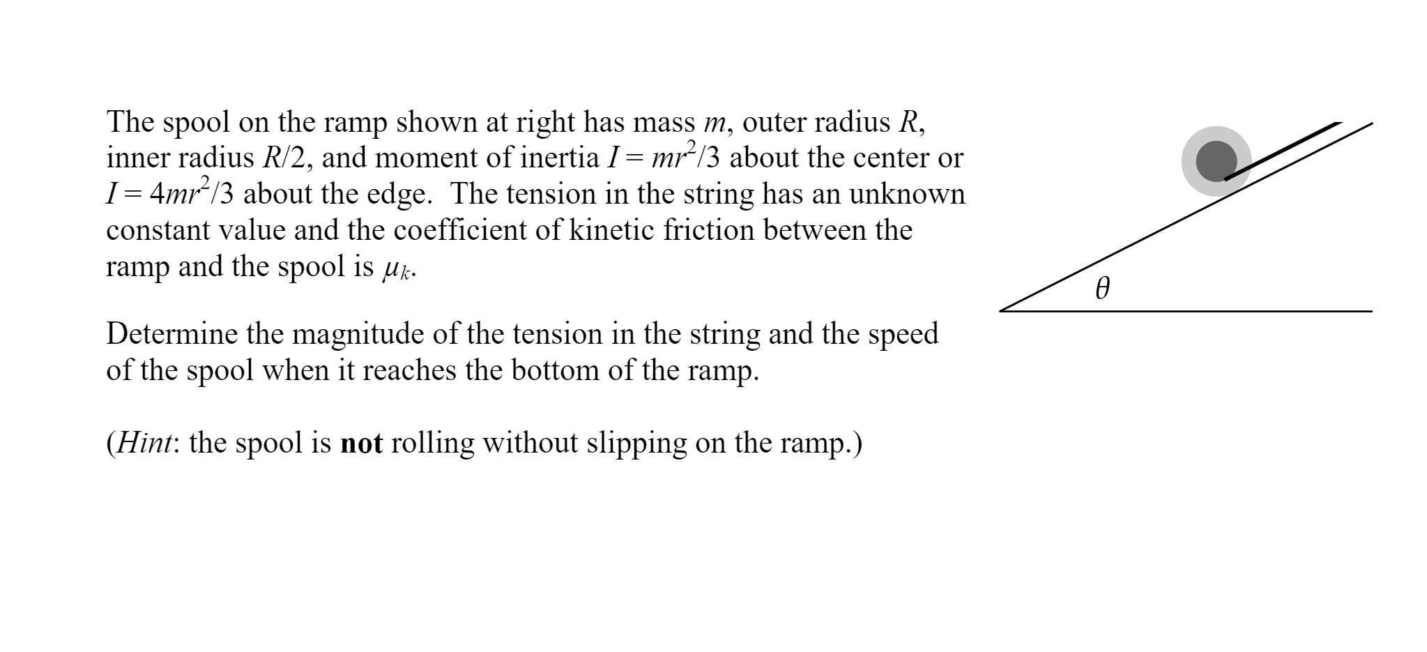 Solved The spool on the ramp shown at right has mass m, | Chegg.com