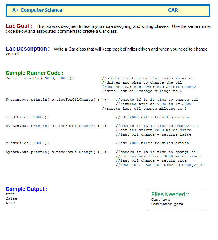Solved files needed car.java //(c) A+ Computer | Chegg.com