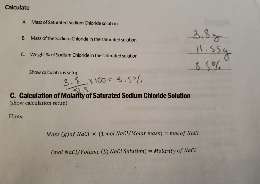 Solved A Density Of Saturated Sodium Chloride Solution Mass