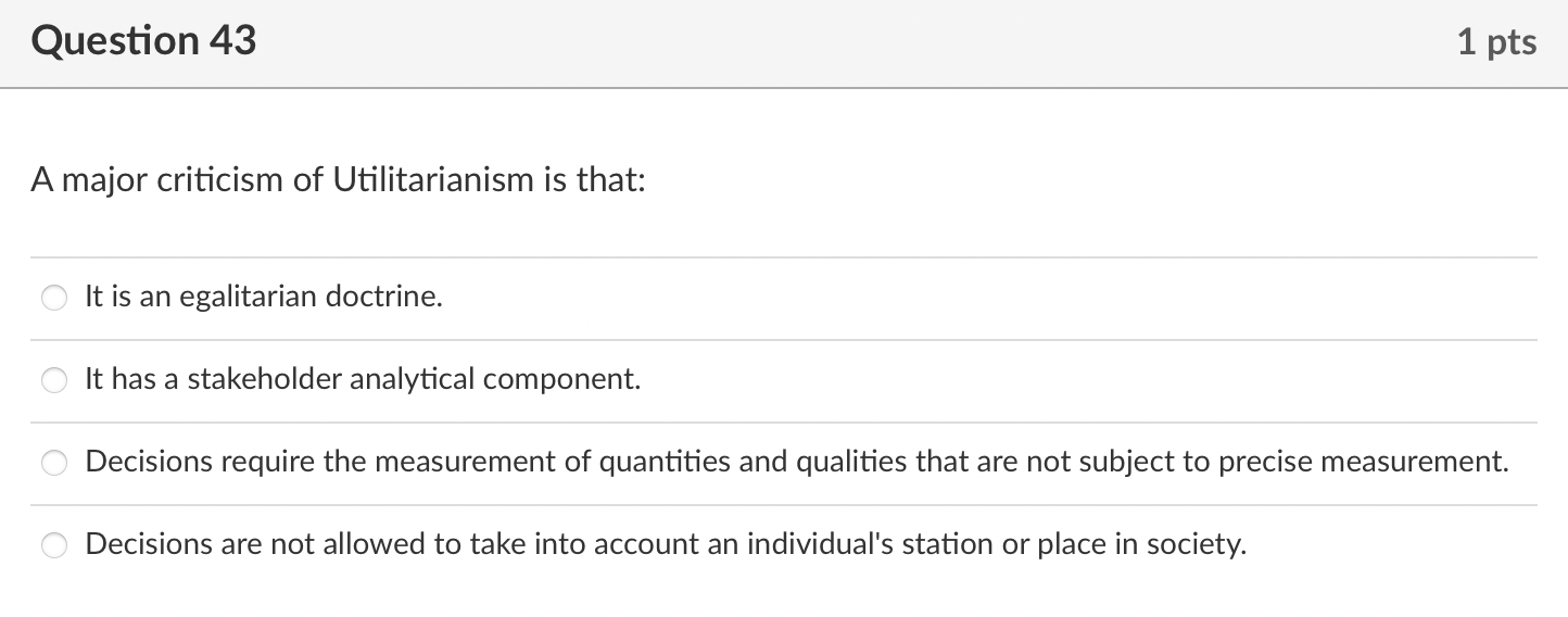 Solved Question 43 1 pts A major criticism of Utilitarianism | Chegg.com