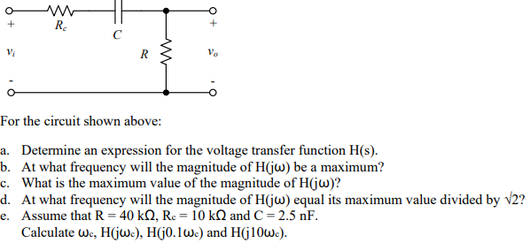 Solved + + RC C R VO For the circuit shown above: a. | Chegg.com