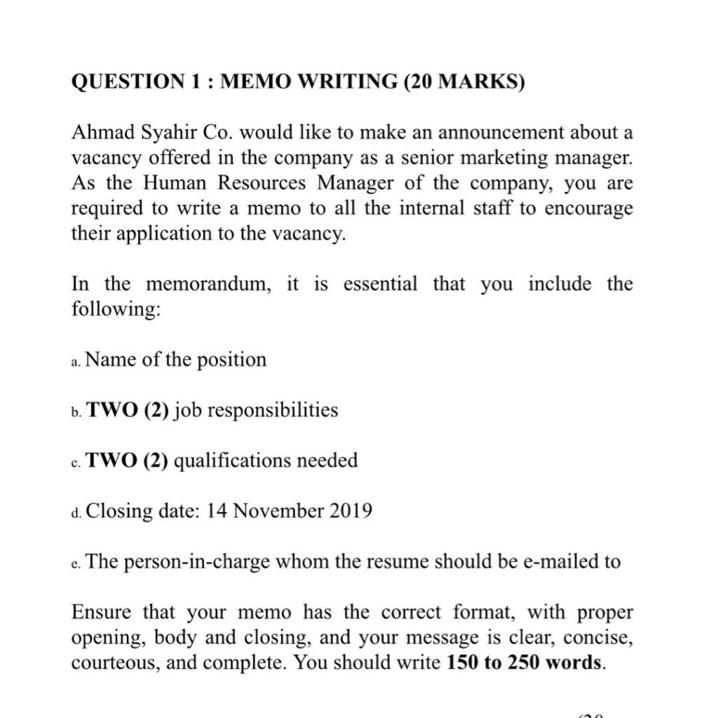 Solved QUESTION 1 MEMO WRITING (20 MARKS) Ahmad Syahir Co.