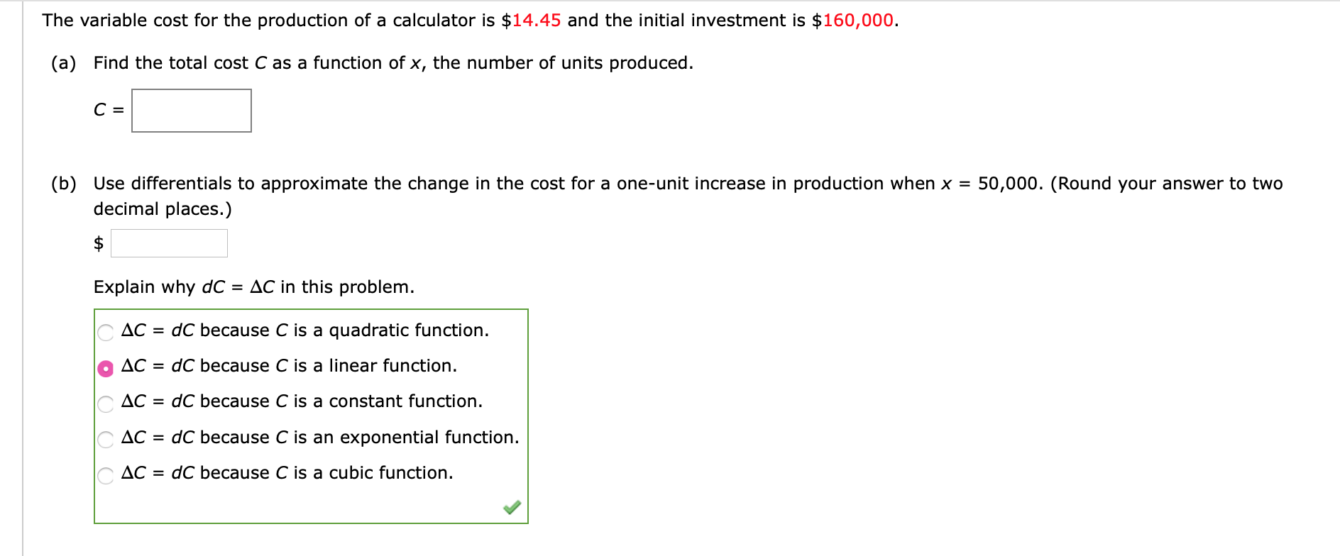 Solved The variable cost for the production of a calculator | Chegg.com