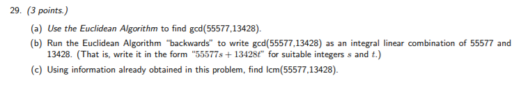 Solved 29. (3 points.) (a) Use the Euclidean Algorithm to | Chegg.com