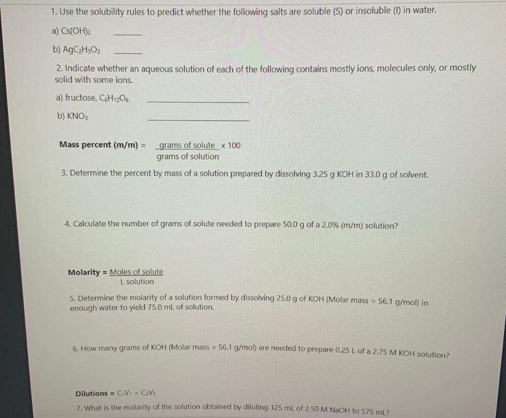 Solved 1. Use the solubility rules to predict whether the | Chegg.com