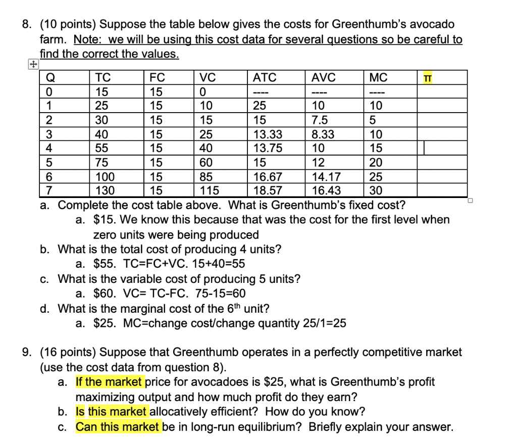 Solved 8. (10 points) Suppose the table below gives the | Chegg.com